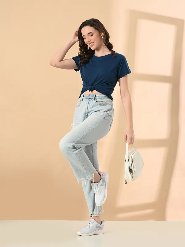 Stylish_Up_Down_Women_S_High_Low_Hem_T_Shirt_Premium_Cotton_Lycra_Seamless_Sleeves_Round_Neck_Casual_Active_Wear_Girls_T_Shits_Blue