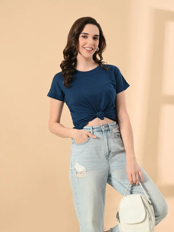 Stylish_Up_Down_Women_S_High_Low_Hem_T_Shirt_Premium_Cotton_Lycra_Seamless_Sleeves_Round_Neck_Casual_Active_Wear_Girls_T_Shits_Blue