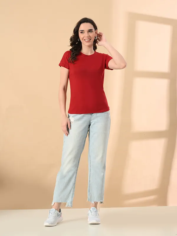 Stylish_Up_Down_Women_S_High_Low_Hem_T_Shirt_Premium_Cotton_Lycra_Seamless_Sleeves_Round_Neck_Casual_Active_Wear_Girls_T_Shits_Red