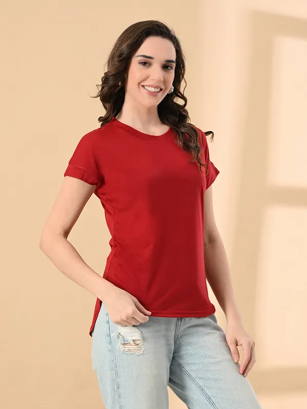 Stylish_Up_Down_Women_S_High_Low_Hem_T_Shirt_Premium_Cotton_Lycra_Seamless_Sleeves_Round_Neck_Casual_Active_Wear_Girls_T_Shits_Red