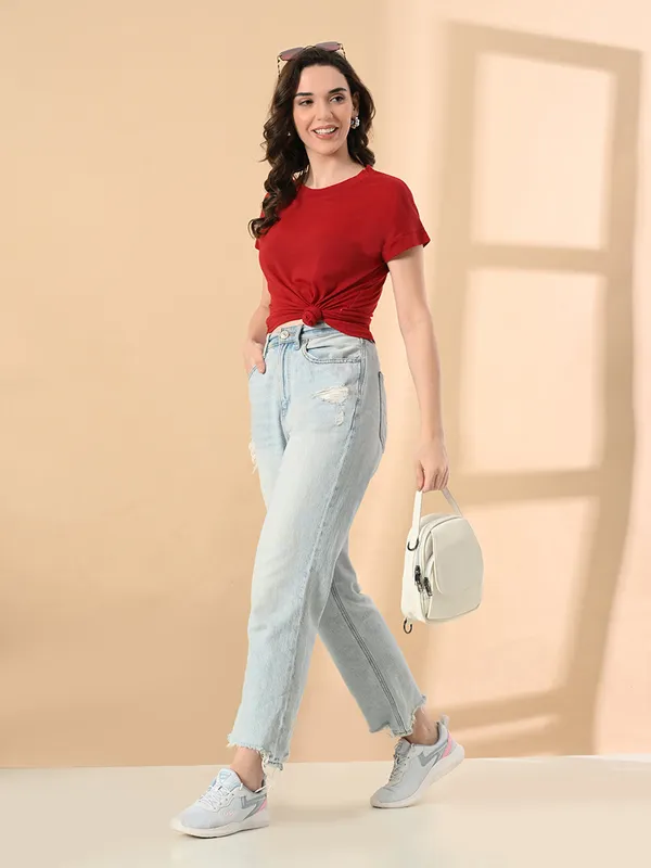 Stylish_Up_Down_Women_S_High_Low_Hem_T_Shirt_Premium_Cotton_Lycra_Seamless_Sleeves_Round_Neck_Casual_Active_Wear_Girls_T_Shits_Red