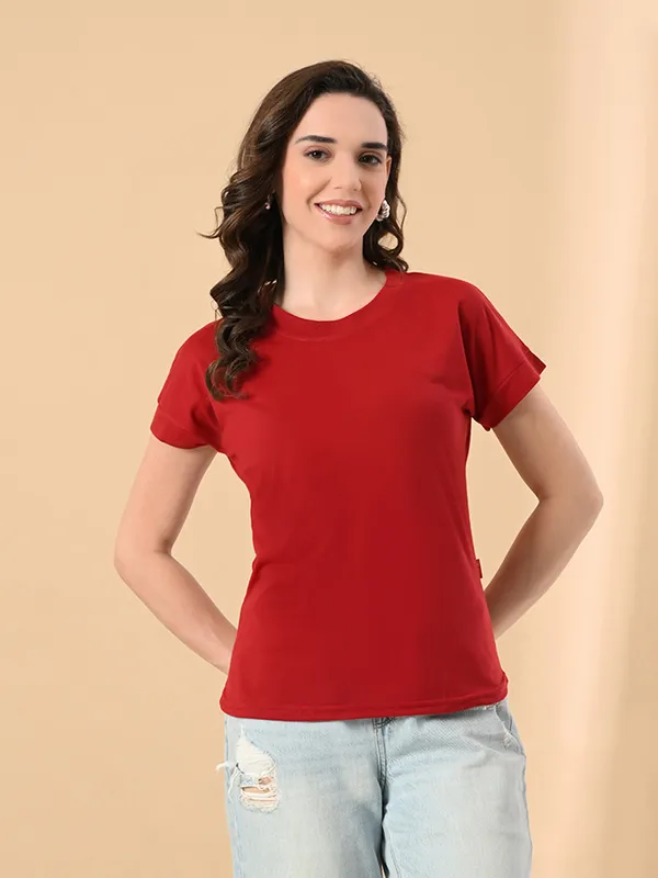 Stylish_Up_Down_Women_S_High_Low_Hem_T_Shirt_Premium_Cotton_Lycra_Seamless_Sleeves_Round_Neck_Casual_Active_Wear_Girls_T_Shits_Red