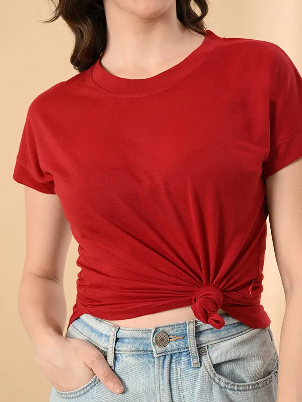 Stylish_Up_Down_Women_S_High_Low_Hem_T_Shirt_Premium_Cotton_Lycra_Seamless_Sleeves_Round_Neck_Casual_Active_Wear_Girls_T_Shits_Red