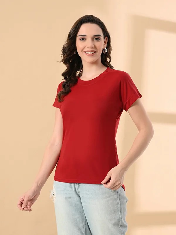 Stylish_Up_Down_Women_S_High_Low_Hem_T_Shirt_Premium_Cotton_Lycra_Seamless_Sleeves_Round_Neck_Casual_Active_Wear_Girls_T_Shits_Red