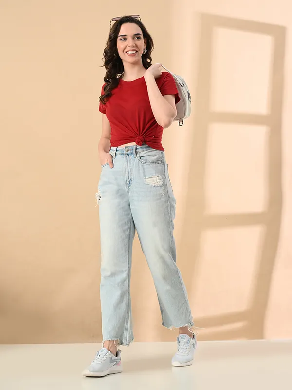 Stylish_Up_Down_Women_S_High_Low_Hem_T_Shirt_Premium_Cotton_Lycra_Seamless_Sleeves_Round_Neck_Casual_Active_Wear_Girls_T_Shits_Red