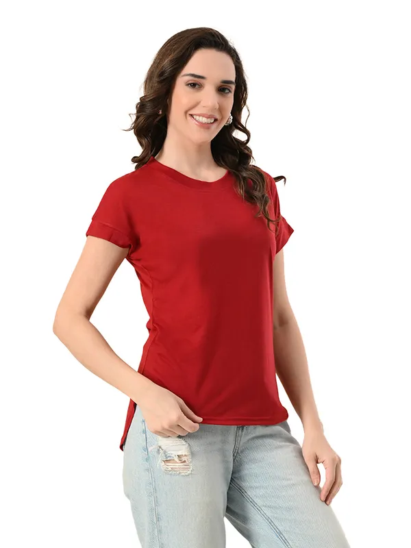 Stylish_Up_Down_Women_S_High_Low_Hem_T_Shirt_Premium_Cotton_Lycra_Seamless_Sleeves_Round_Neck_Casual_Active_Wear_Girls_T_Shits_Red