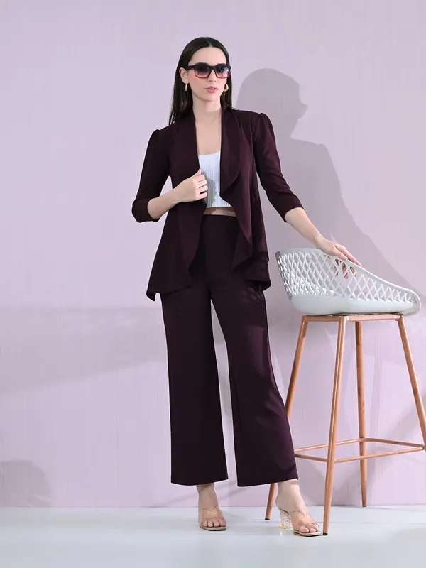 Women_S_Solid_Relaxed_Fit_3_4_Sleeve_Co_Ord_Blazer_And_Trouser_Set_Wine_Wine