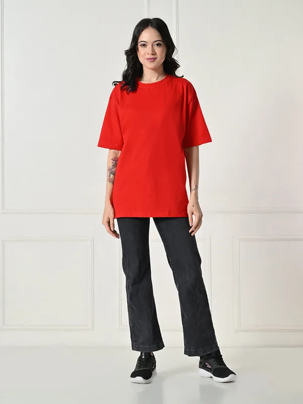 Oversized_Drop_Shoulder_Women_S_T_Shirt_Pure_Cotton_Round_Neck_Relaxed_Fit_Red_Red
