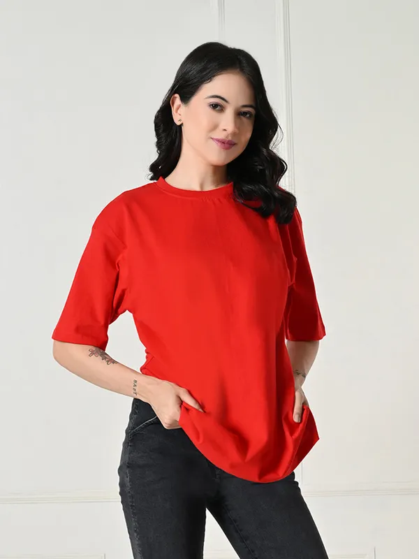 Oversized_Drop_Shoulder_Women_S_T_Shirt_Pure_Cotton_Round_Neck_Relaxed_Fit_Red_Red