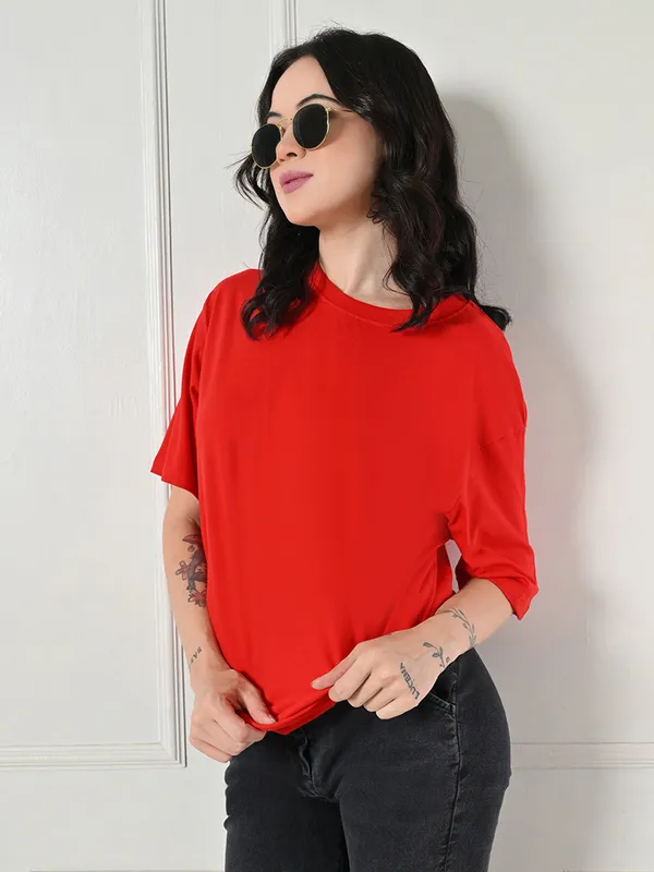 Oversized_Drop_Shoulder_Women_S_T_Shirt_Pure_Cotton_Round_Neck_Relaxed_Fit_Red_Red