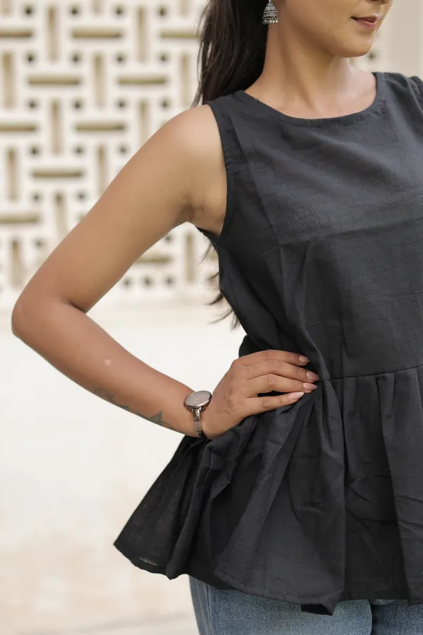 Black_Cotton_Slub_Sleeveless_Flared_Top_For_Women
