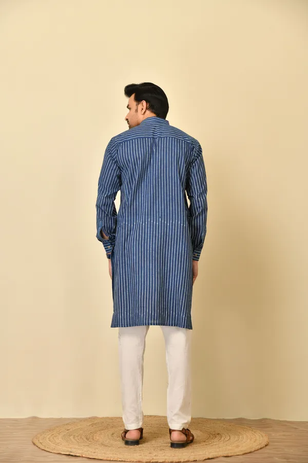 Blue_Cambric_Cotton_Striped_Straight_Long_Kurta_For_Men