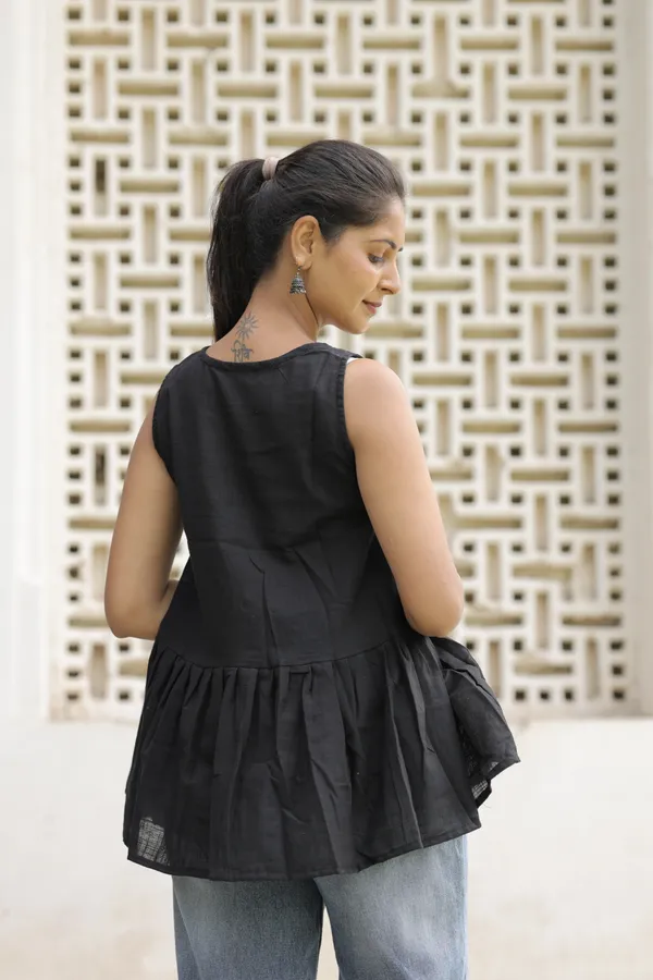 Black_Cotton_Slub_Sleeveless_Flared_Top_For_Women