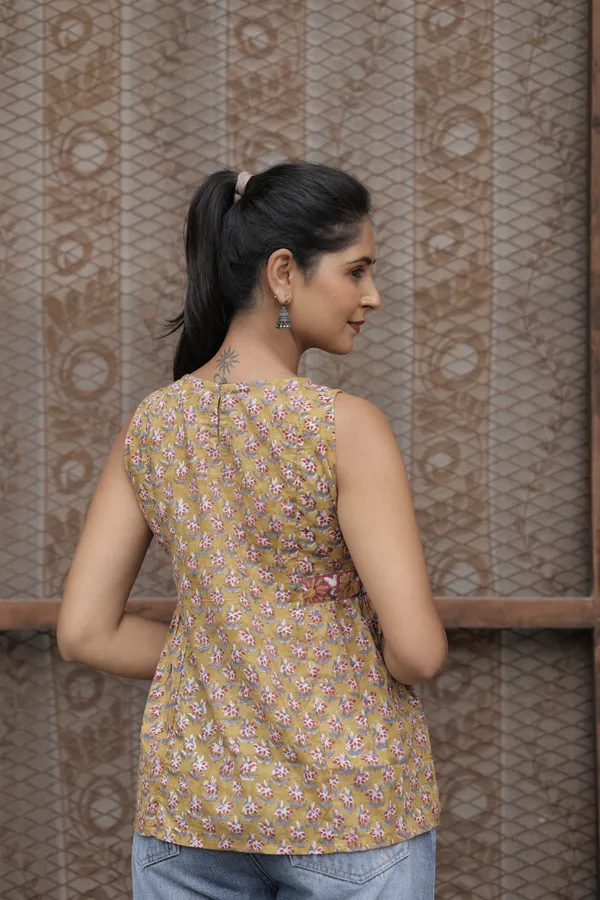 Yellow_Cambric_Cotton_Handblock_Print_Flared_Top_For_Women
