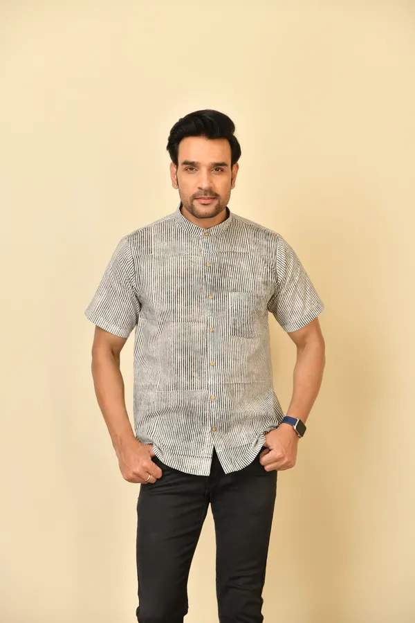 White_Cambric_Cotton_Mandarin_Collar_Half_Sleeve_Shirt_For_Men