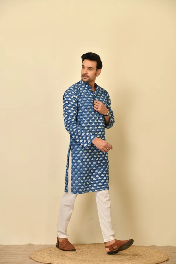 Blue_Cambric_Cotton_Printed_Long_Kurta_For_Men
