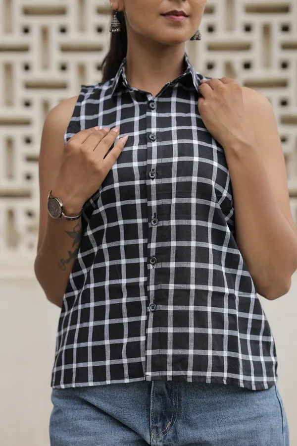 Black_Cotton_Handloom_Sleeveless_Checkered_Shirt_For_Women