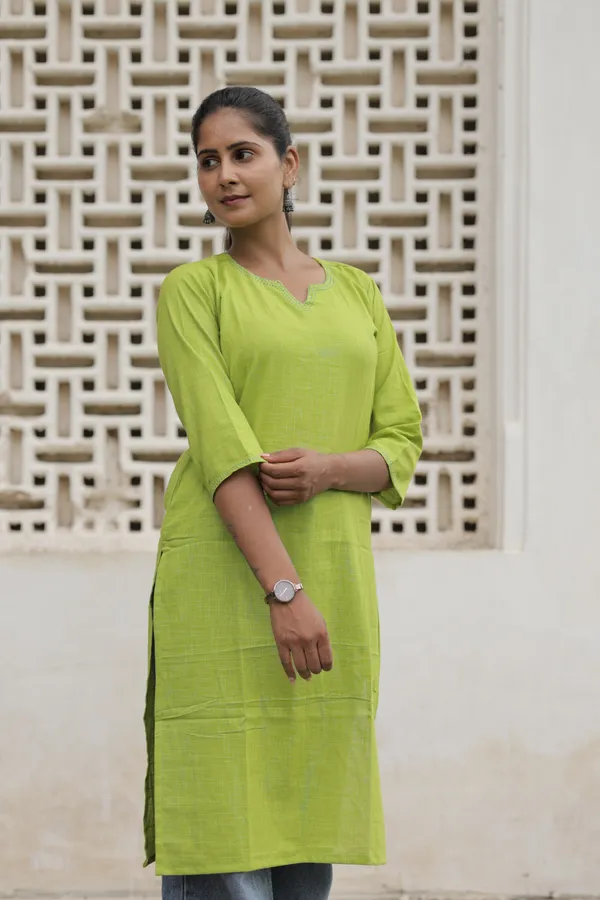 Green_Cotton_Slub_Straight_Kurta_For_Women