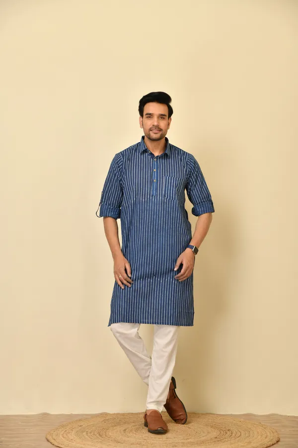 Blue_Cambric_Cotton_Striped_Straight_Long_Kurta_For_Men