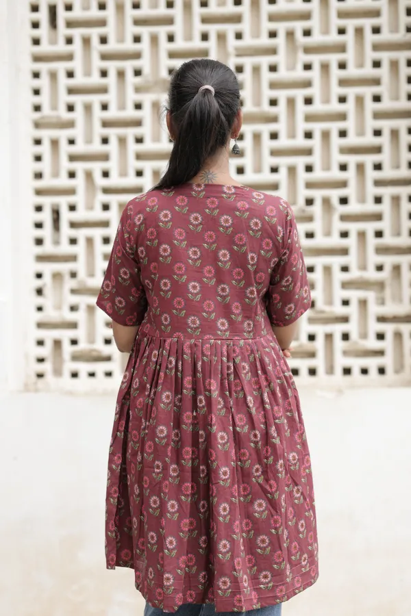 Maroon_Cotton_Floral_Print_Flared_Kurti_For_Women
