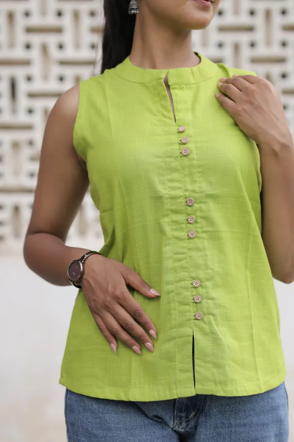 Green_Cotton_Slub_Button_Down_Top_For_Women