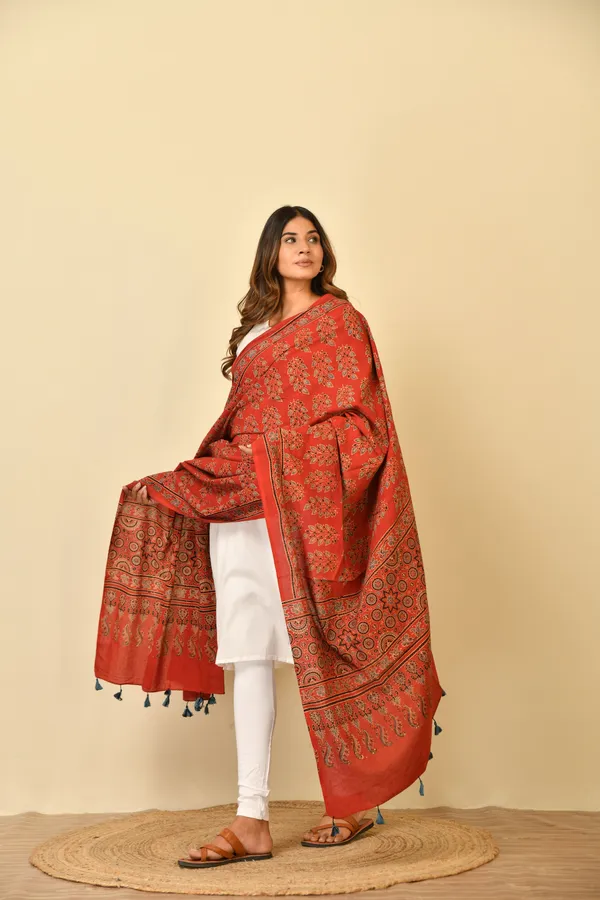 Red_Cotton_Ajrakh_Printed_Dupatta_For_Women