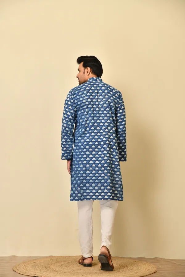 Blue_Cambric_Cotton_Printed_Long_Kurta_For_Men