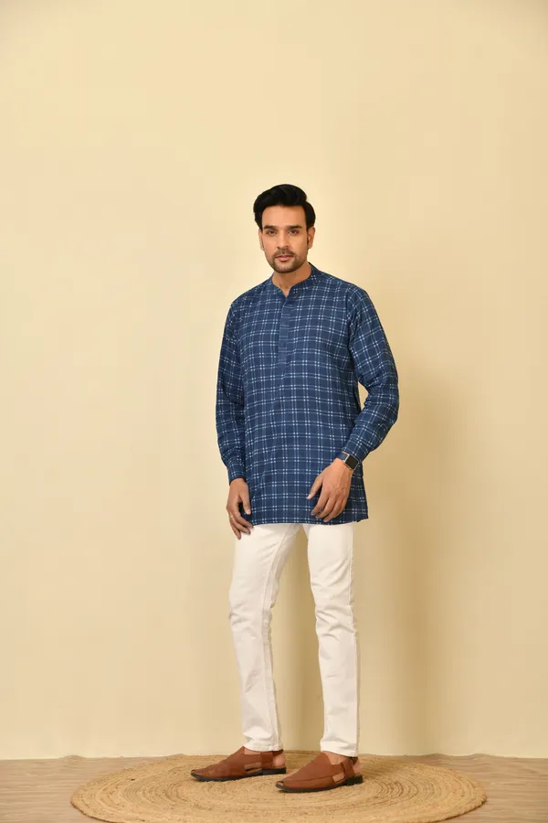 Blue_Cambric_Cotton_Checked_Short_Kurta_For_Men