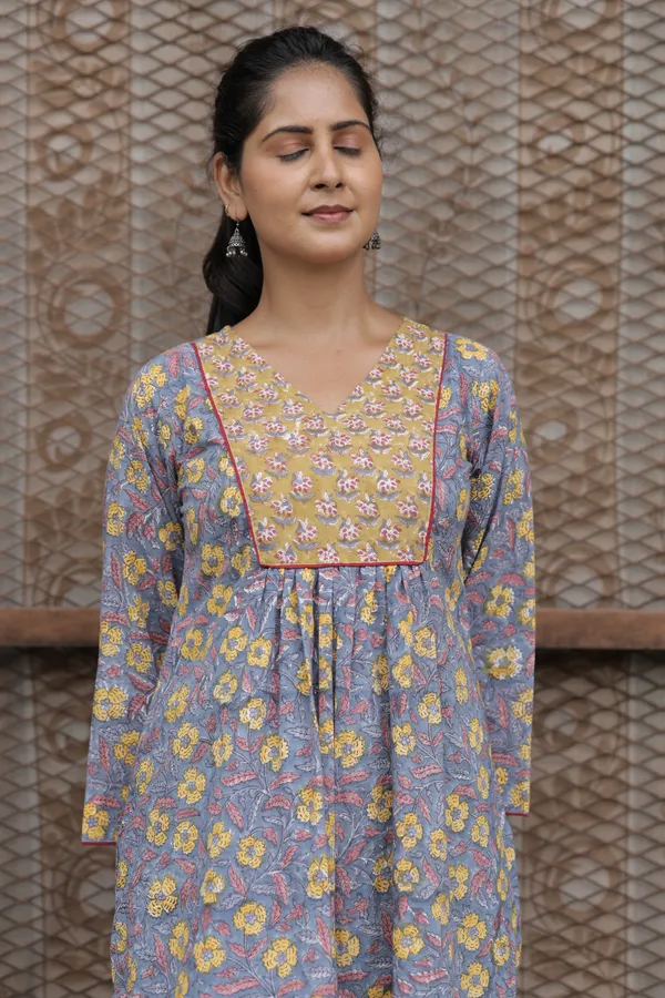 Blue_Cambric_Cotton_Handblock_Print_Gathered_Kurti_For_Women