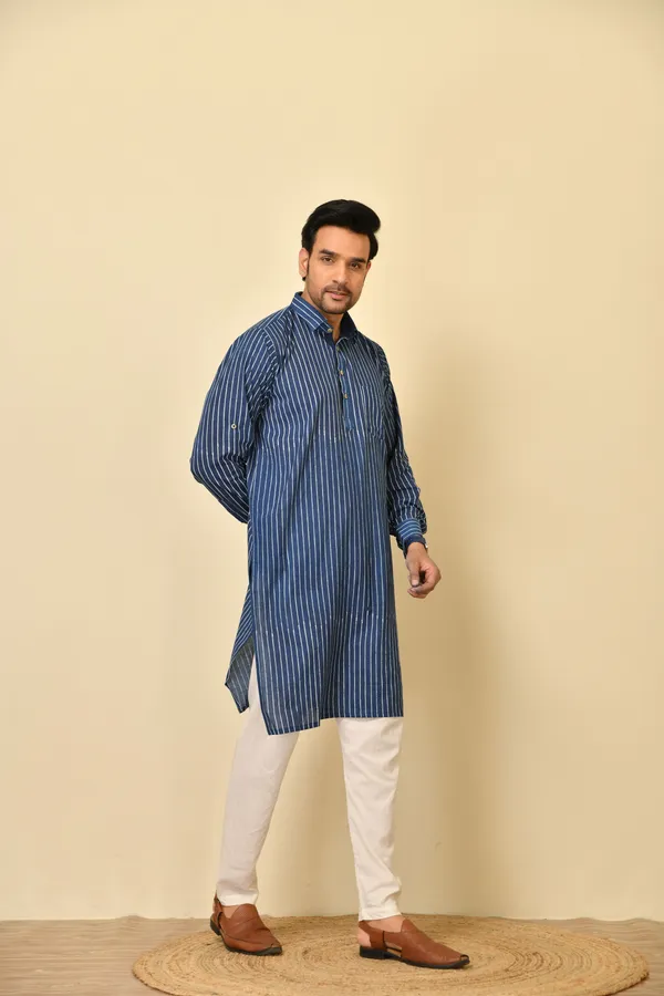 Blue_Cambric_Cotton_Striped_Straight_Long_Kurta_For_Men