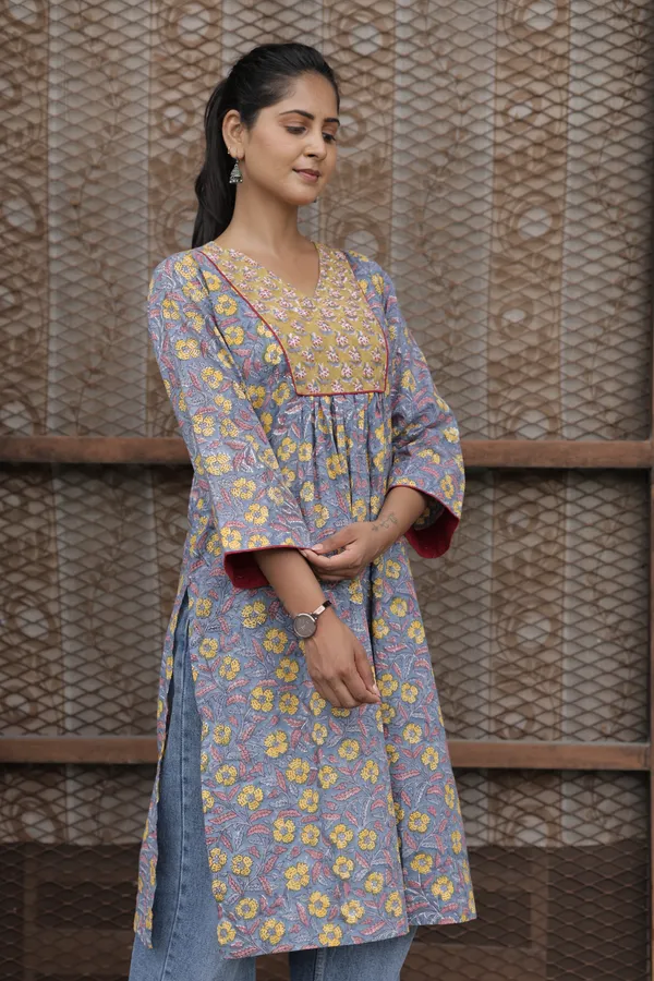 Blue_Cambric_Cotton_Handblock_Print_Gathered_Kurti_For_Women