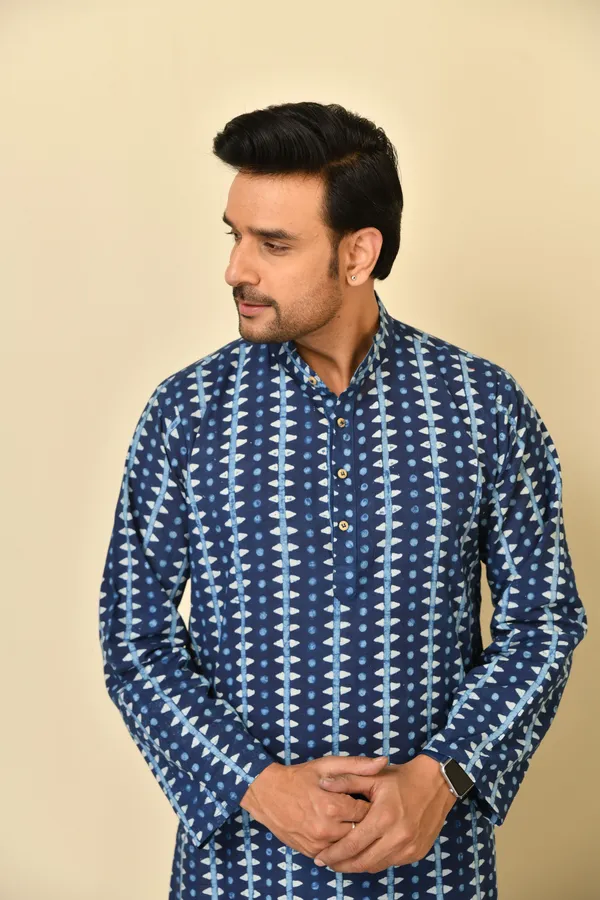 Blue_Cambric_Cotton_Straight_Long_Kurta_For_Men