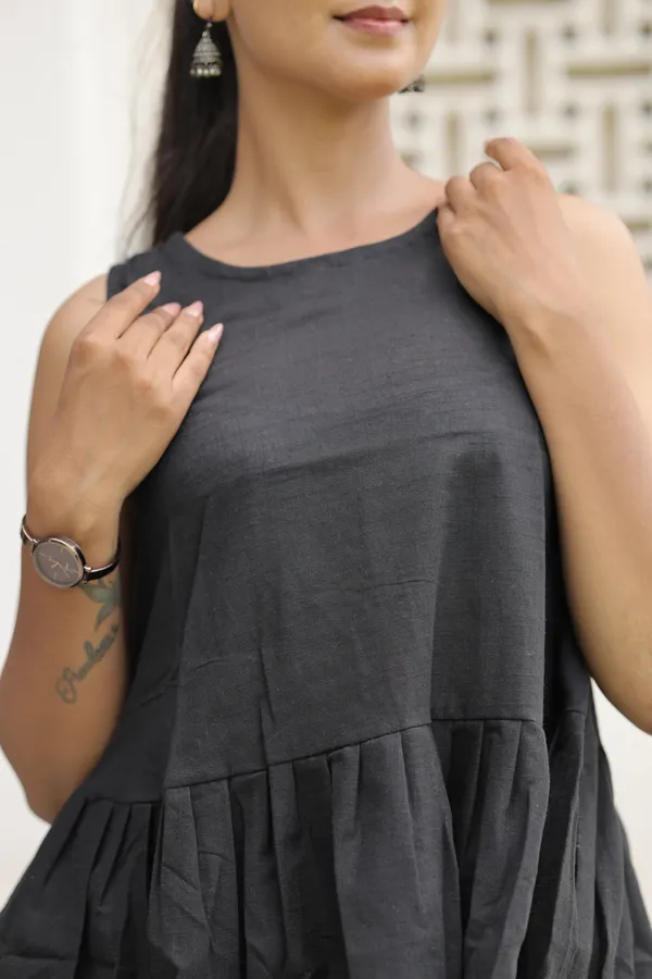 Black_Cotton_Slub_Sleeveless_Flared_Top_For_Women