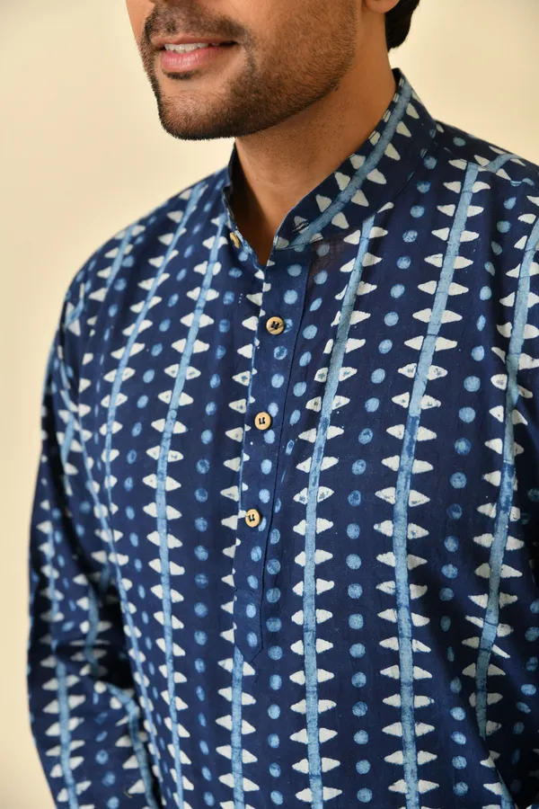 Blue_Cambric_Cotton_Straight_Long_Kurta_For_Men