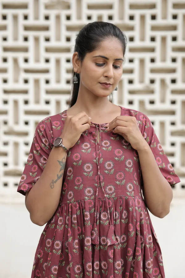 Maroon_Cotton_Floral_Print_Flared_Kurti_For_Women