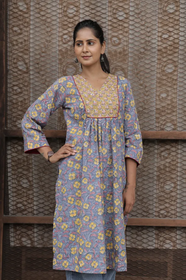 Blue_Cambric_Cotton_Handblock_Print_Gathered_Kurti_For_Women