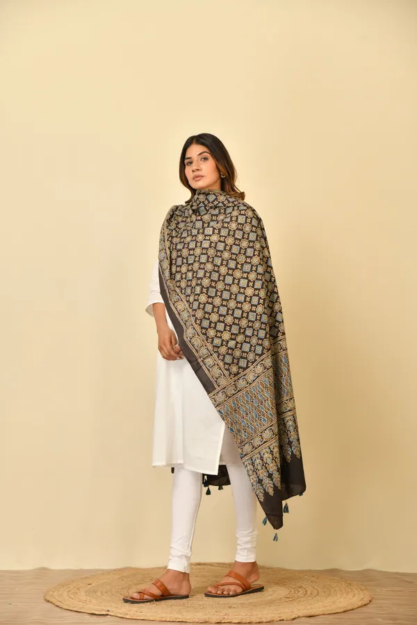 Brown_Cotton_Ajrakh_Printed_Dupatta_For_Women