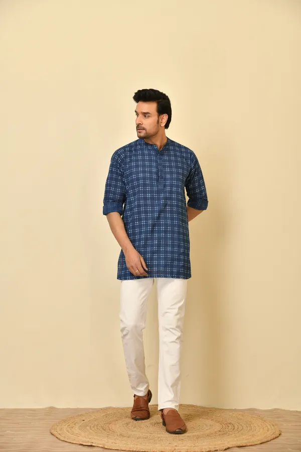 Blue_Cambric_Cotton_Checked_Short_Kurta_For_Men
