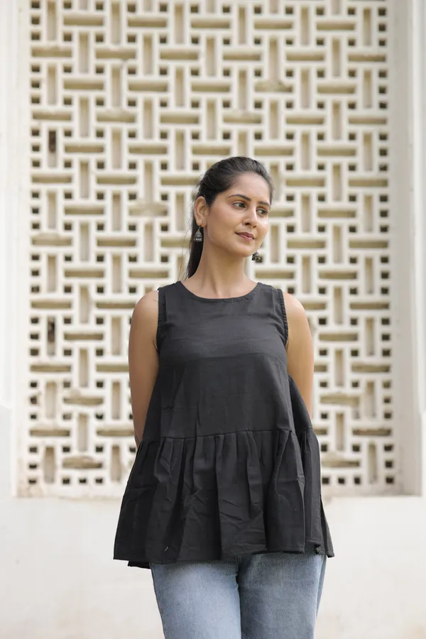 Black_Cotton_Slub_Sleeveless_Flared_Top_For_Women