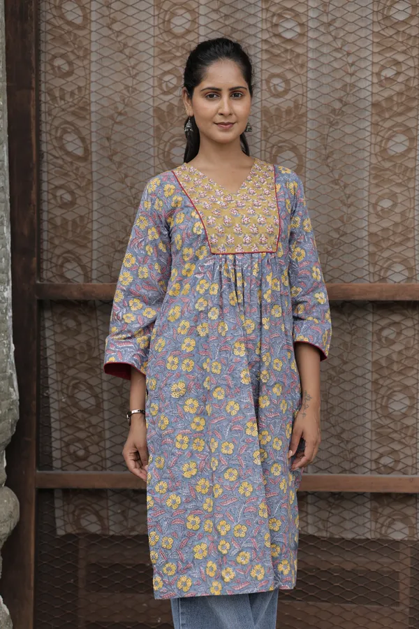 Blue_Cambric_Cotton_Handblock_Print_Gathered_Kurti_For_Women