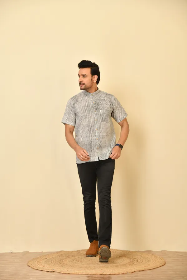 White_Cambric_Cotton_Mandarin_Collar_Half_Sleeve_Shirt_For_Men