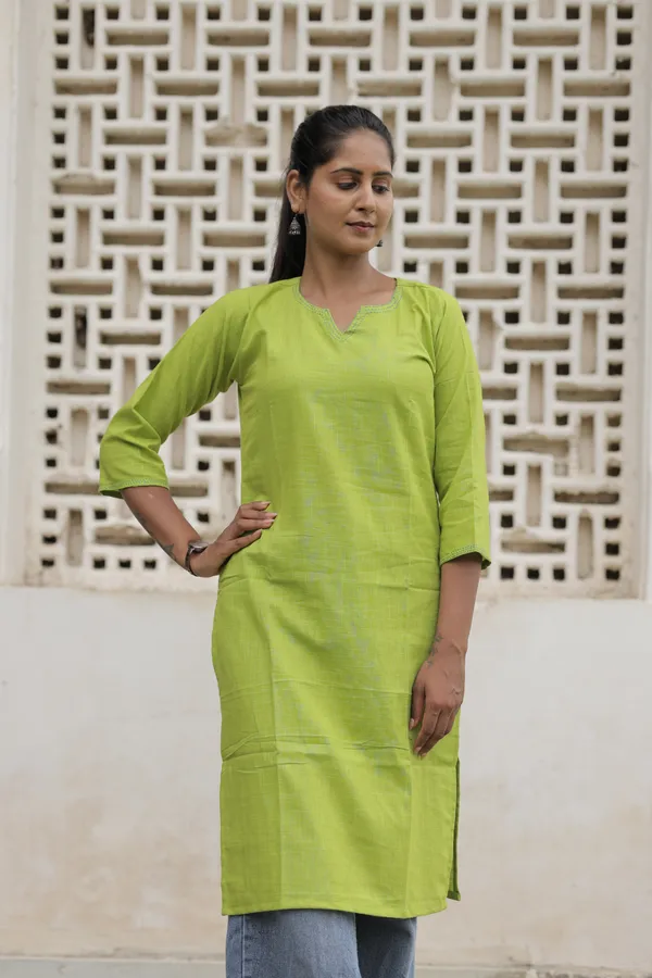 Green_Cotton_Slub_Straight_Kurta_For_Women