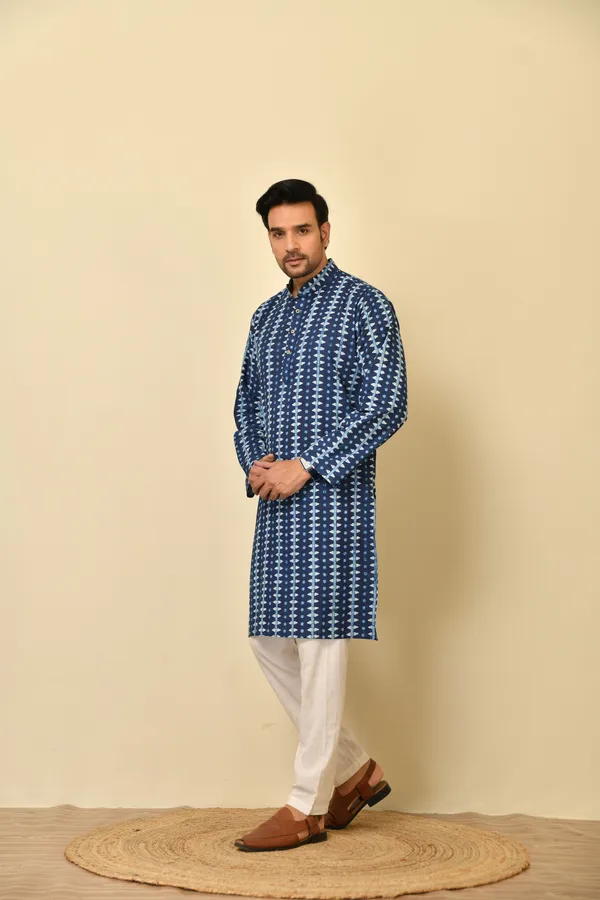 Blue_Cambric_Cotton_Straight_Long_Kurta_For_Men