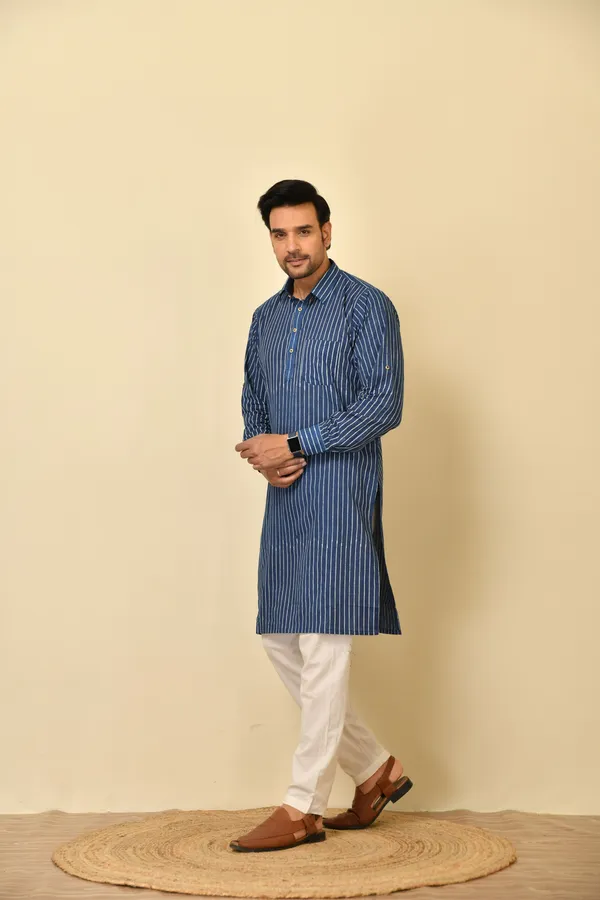 Blue_Cambric_Cotton_Striped_Straight_Long_Kurta_For_Men