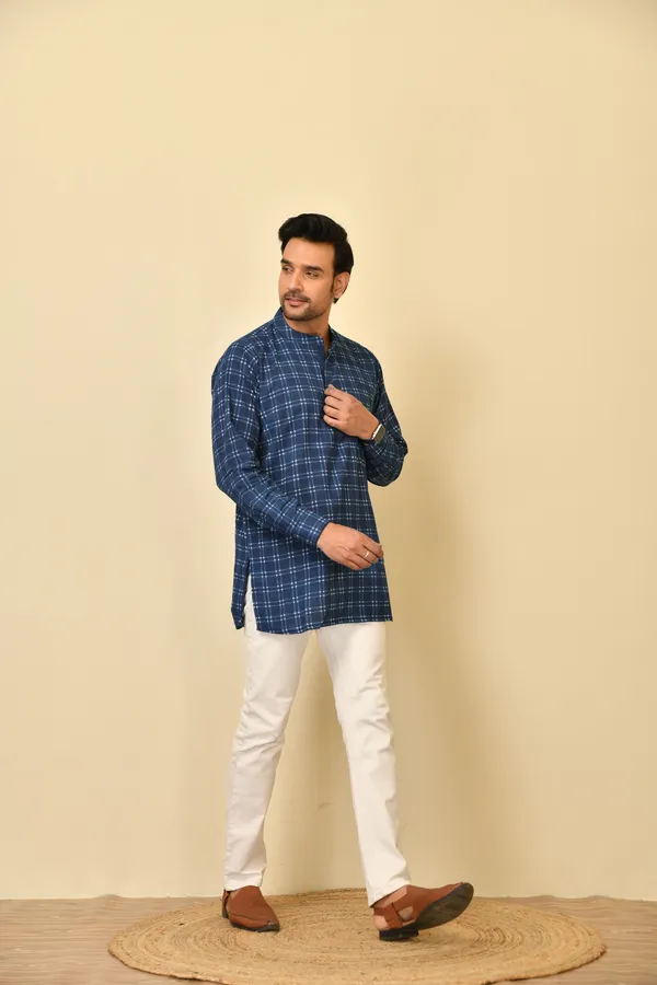 Blue_Cambric_Cotton_Checked_Short_Kurta_For_Men