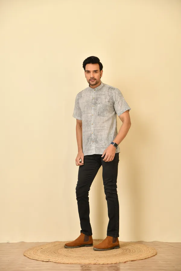 White_Cambric_Cotton_Mandarin_Collar_Half_Sleeve_Shirt_For_Men