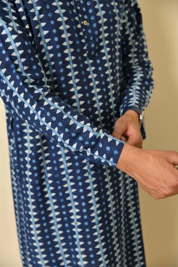 Blue_Cambric_Cotton_Straight_Long_Kurta_For_Men
