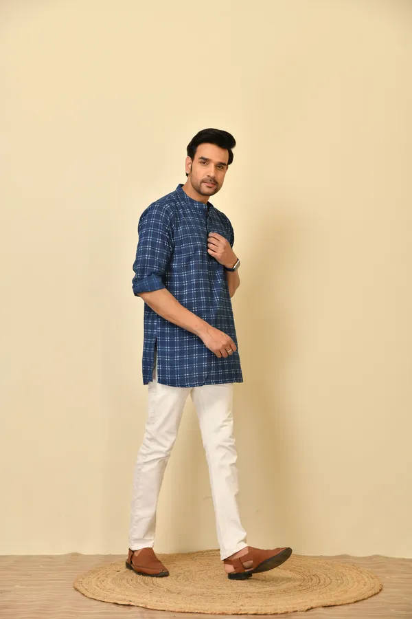 Blue_Cambric_Cotton_Checked_Short_Kurta_For_Men