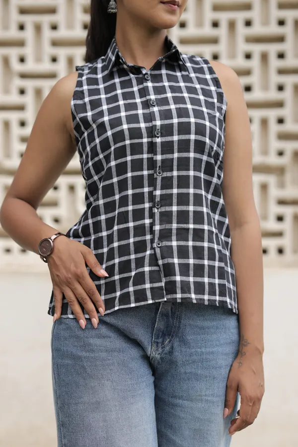 Black_Cotton_Handloom_Sleeveless_Checkered_Shirt_For_Women