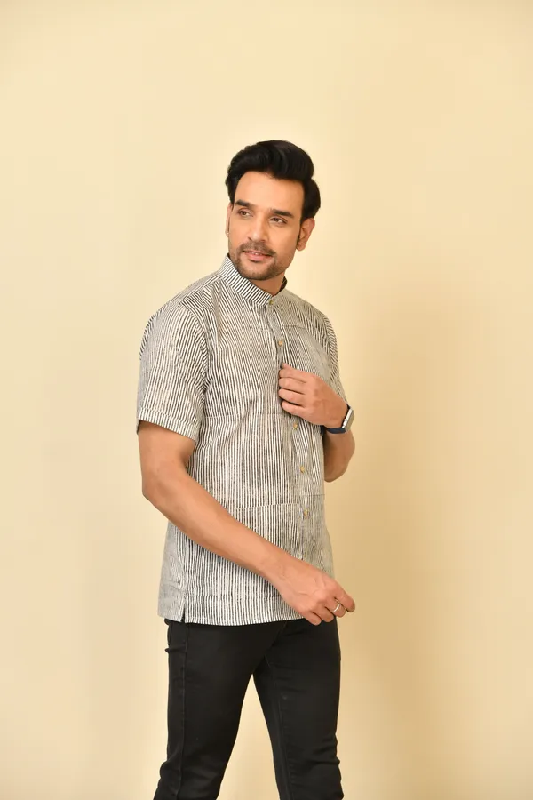White_Cambric_Cotton_Mandarin_Collar_Half_Sleeve_Shirt_For_Men